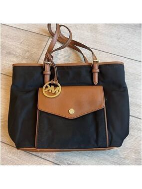 Michael Kors jet set medium black canvas and leather logo multi pocket purse